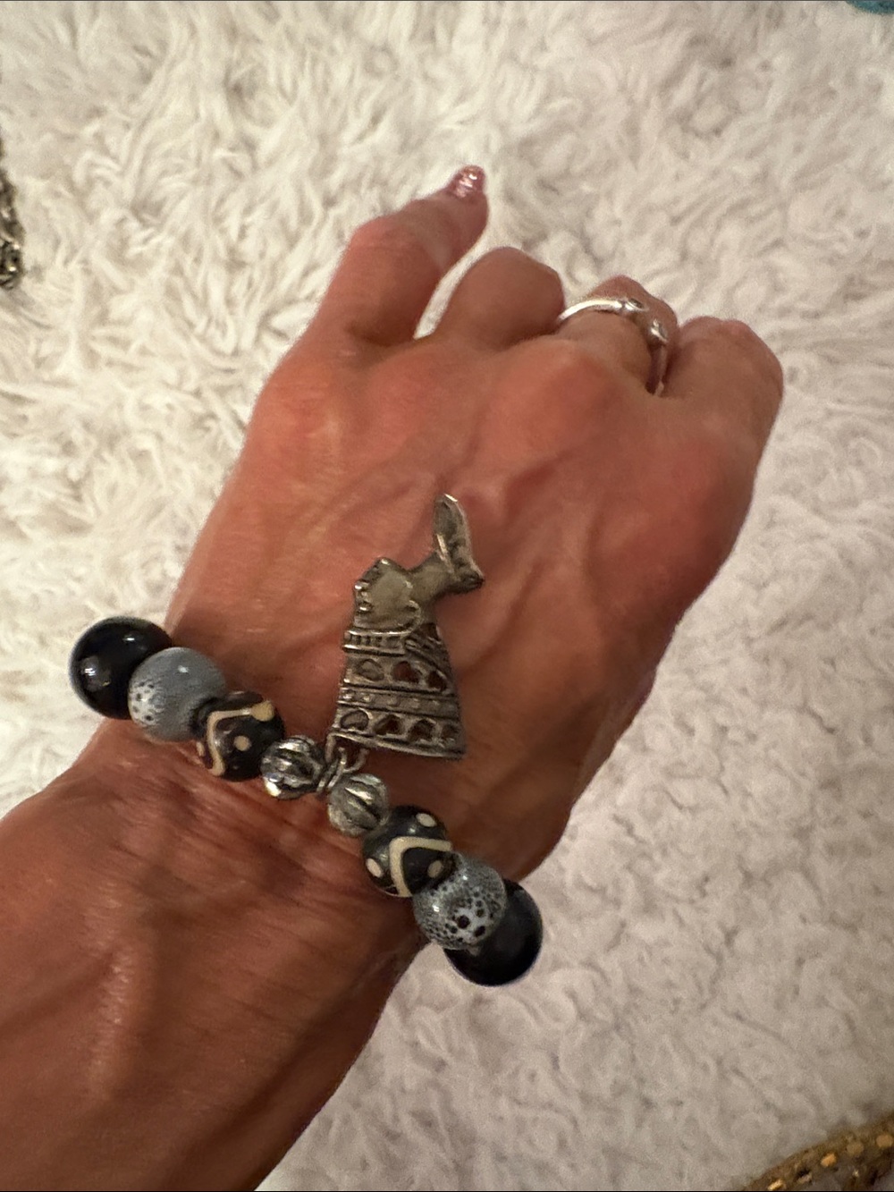 Handmade Black & Gray Stretch Bead Bracelet with African Head Charm